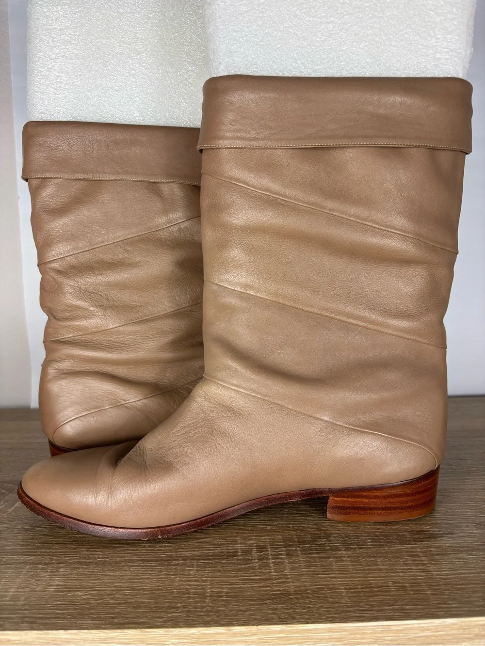 Vintage Jean Pier Clemente Leather Mid Calf Boots Mens 12D Beige Double Zip
